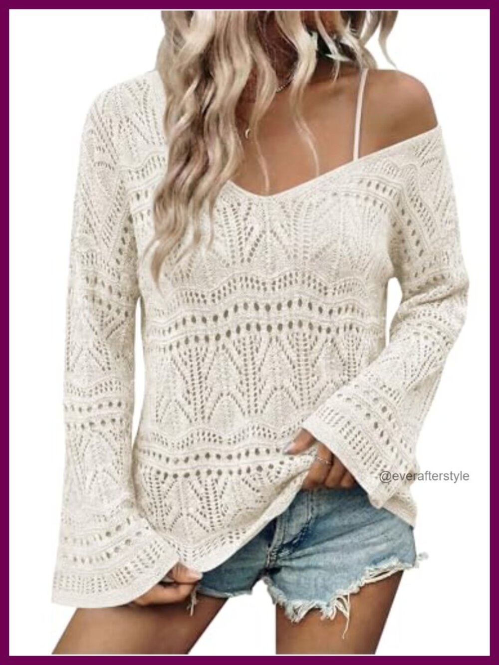Boho Off Shoulder Crochet Sweater Top Flared Sleeve Knit Pullover